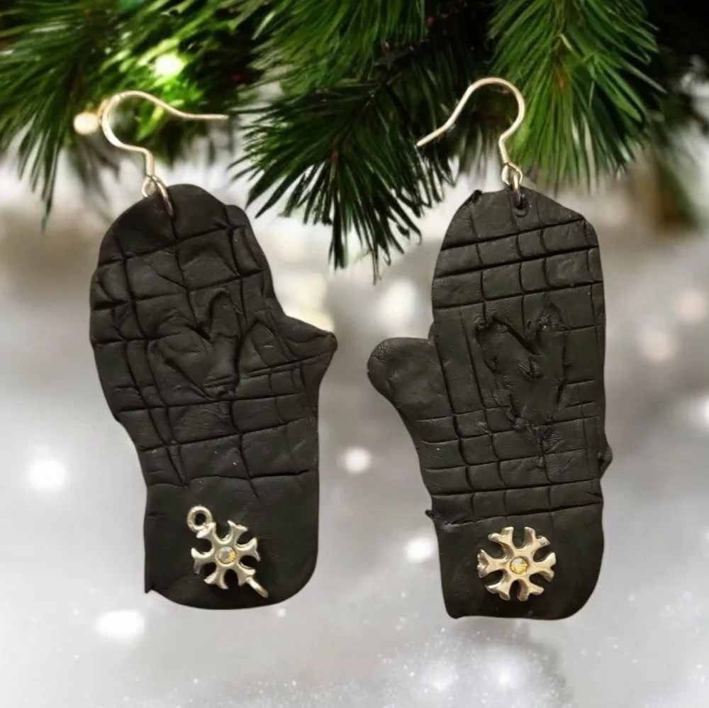 Silver Plated Winter Mitten Polymer Clay Earrings